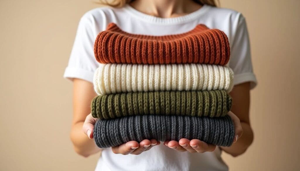 Person holding a stack of four folded sweaters in rust, cream, olive, and charcoal colors.