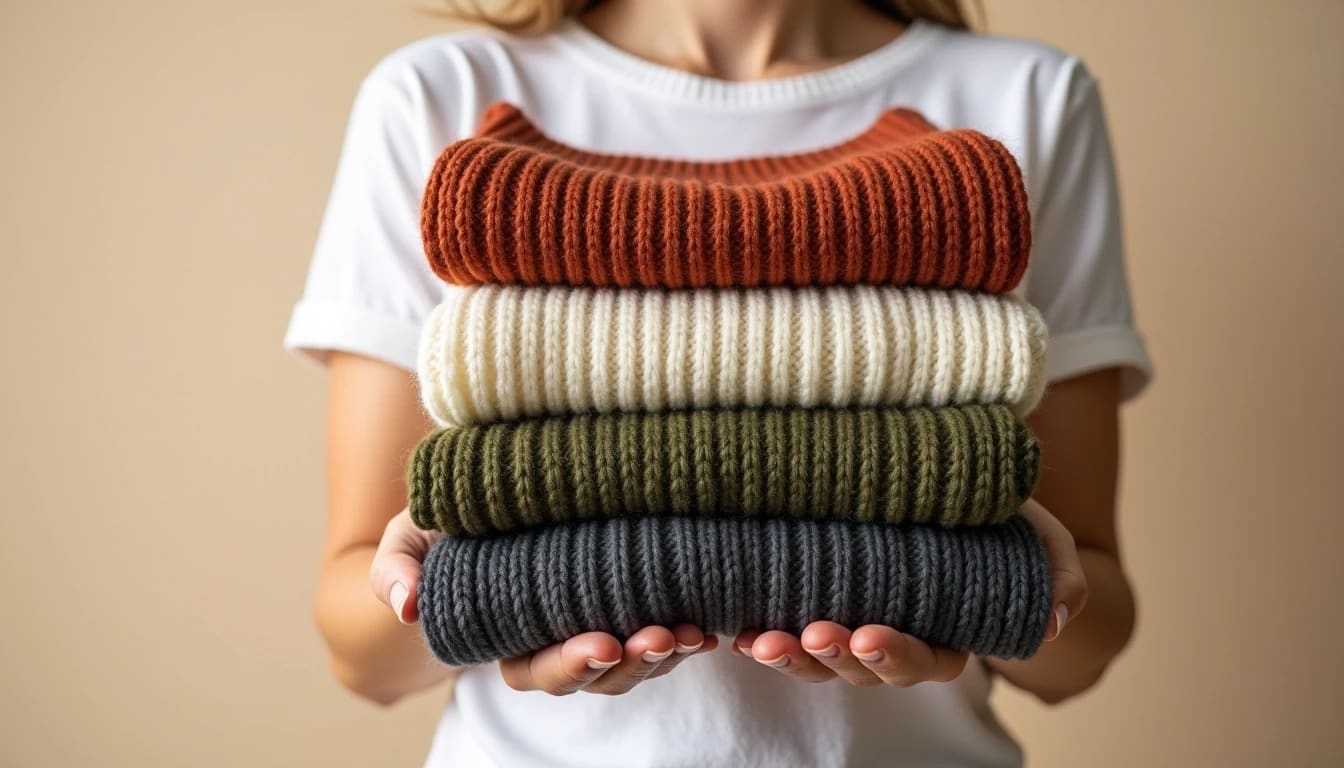 Person holding a stack of four folded sweaters in rust, cream, olive, and charcoal colors.