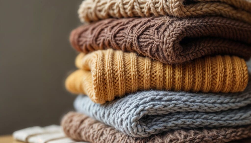 A neatly stacked pile of folded knitted sweaters in various colors, including beige, brown, mustard yellow, and light blue, on a neutral background.
