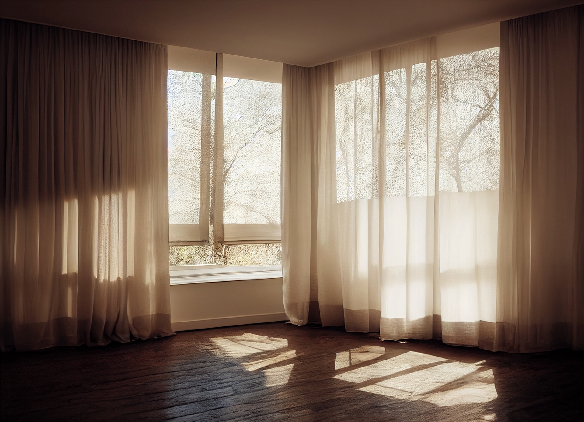 A sunlit room with sheer curtains covering large windows, casting soft shadows on a wooden floor. Trees are visible outside through the window.