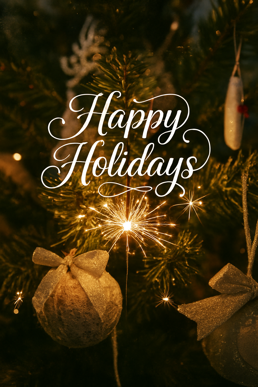 A decorated Christmas tree with ornaments, a lit sparkler, and the words "Happy Holidays" written in white script.