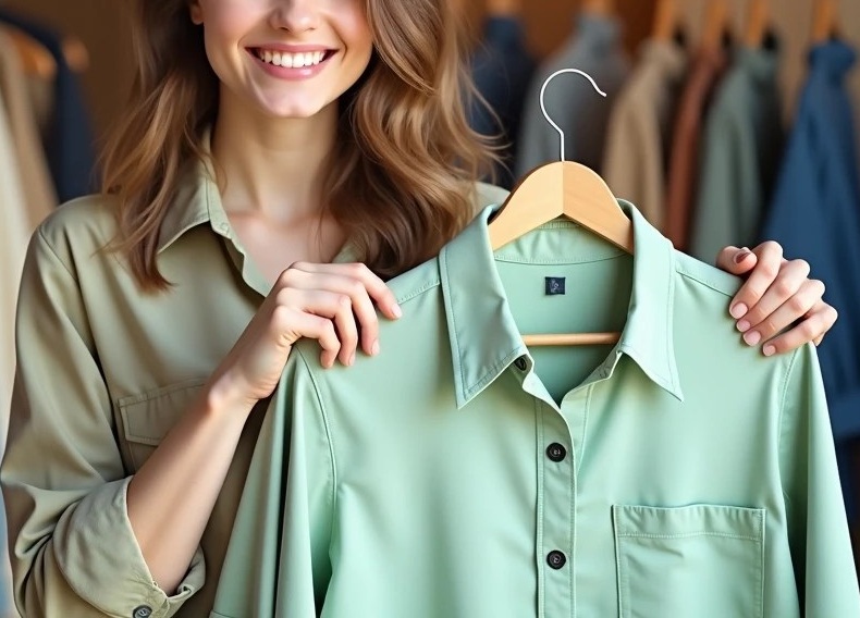 A woman smiles while holding a light green button-up shirt on a hanger in a clothing store.